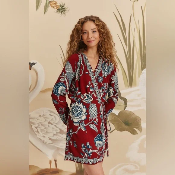 FARM Rio Dress Tropical Landing Red Wrap Long Sleeve V-Neck Mini Dress Medium